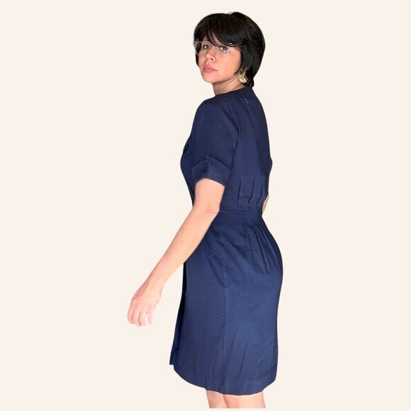 Vintage Navy Wiggle Dress Red Buttons Short Sleeve Size Medium/Large - Picture 5 of 9